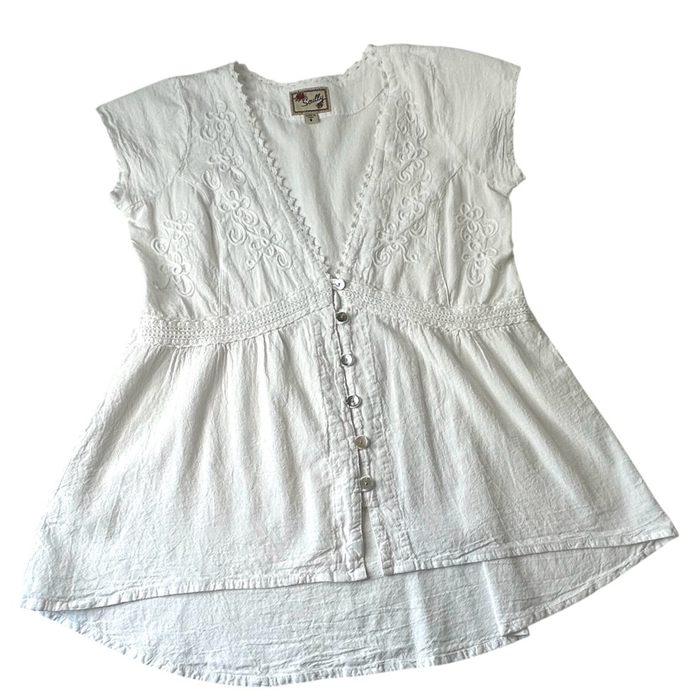 SCULLY Sz S White Peruvian Cotton Embroidered Short Sleeve Button Blouse Top - Picture 5 of 12